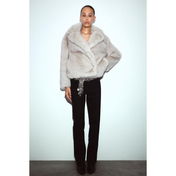 Zara ZW Womens Faux Fur Jacket Short Coat Large L Taupe Grey 4360/246 NWT - Picture 1 of 16